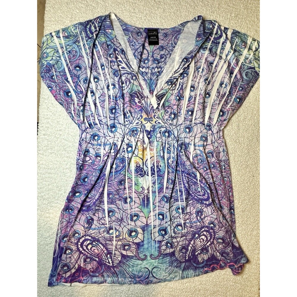 Catalina Womens Tunic Top Blue Purple Paisley Short Sleeve V Neck Size 1X